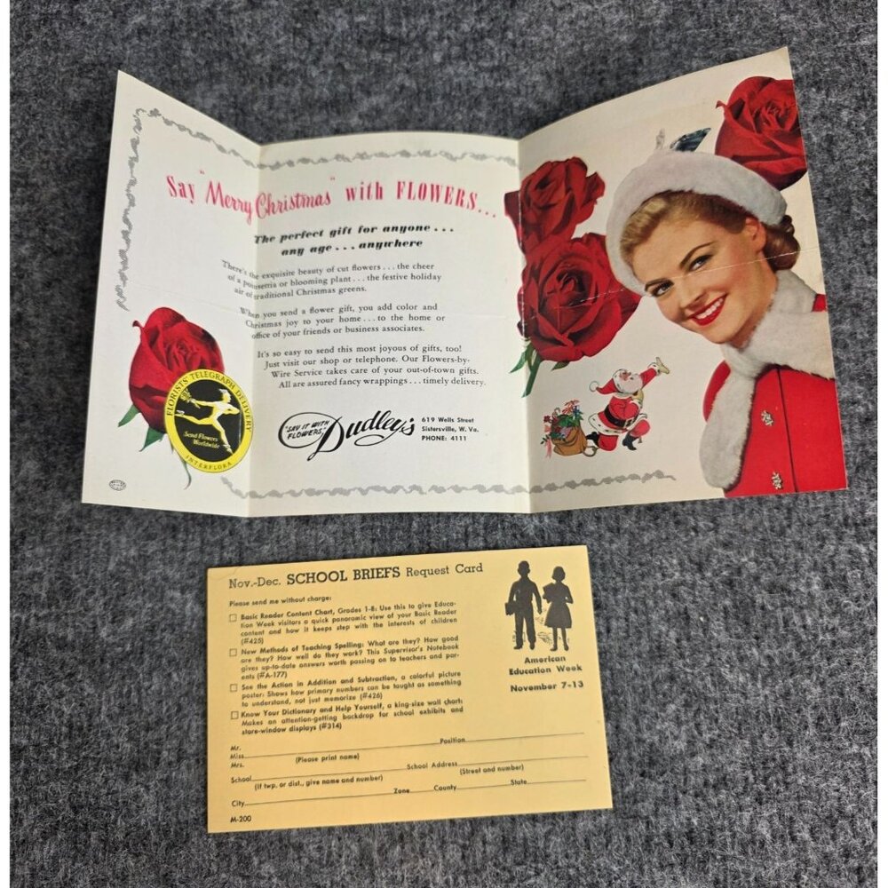 Vtg Christmas Dudleys Flowers Advertising Brochure & School Briefs Request Card